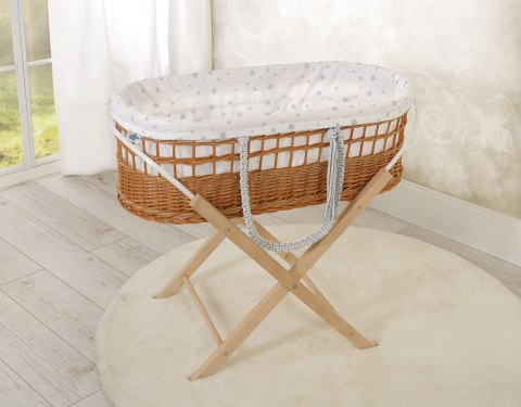 Kosz mojżesza BOHO wiklinowy ze stojakiem z wyściółką bawełnianą - mini gwiazdki szare