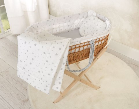 Kosz mojżesza BOHO wiklinowy ze stojakiem z wyściółką bawełnianą - mini gwiazdki szare