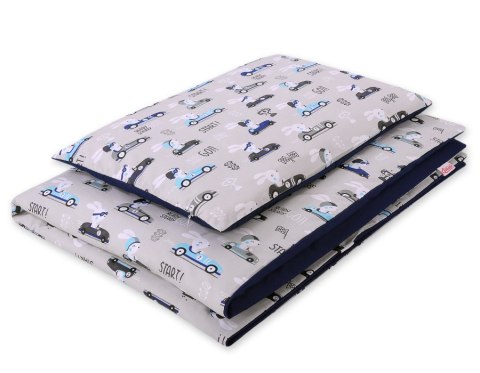 Pościel dla dzieci 2-częściowa bawełniana 135x100 cm - zające w autkach szare Pościel dla dzieci 2-częściowa bawełniana 135x100 cm - zające w autkach szare