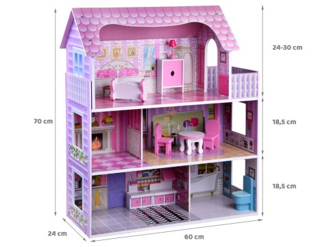 RÓŻOWY Drewniany domek dla lalek + mebelki + oświetlenie LED ZA4130
