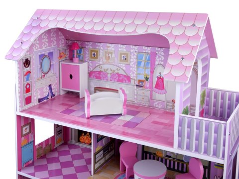 RÓŻOWY Drewniany domek dla lalek + mebelki + oświetlenie LED ZA4130