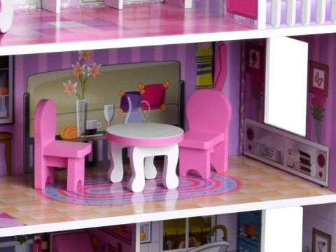 RÓŻOWY Drewniany domek dla lalek + mebelki + oświetlenie LED ZA4130