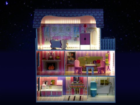 RÓŻOWY Drewniany domek dla lalek + mebelki + oświetlenie LED ZA4130