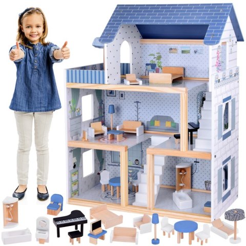 Drewniany błękitny domek dla lalek + mebelki 3 piętra teras ZA5273 Drewniany błękitny domek dla lalek + mebelki 3 piętra teras ZA5273