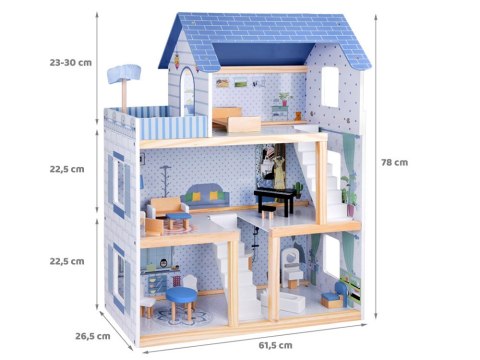 Drewniany błękitny domek dla lalek + mebelki 3 piętra teras ZA5273 Drewniany błękitny domek dla lalek + mebelki 3 piętra teras ZA5273