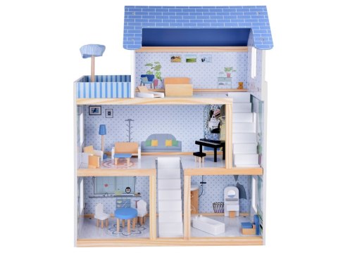 Drewniany błękitny domek dla lalek + mebelki 3 piętra teras ZA5273 Drewniany błękitny domek dla lalek + mebelki 3 piętra teras ZA5273