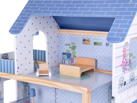 Drewniany błękitny domek dla lalek + mebelki 3 piętra teras ZA5273 Drewniany błękitny domek dla lalek + mebelki 3 piętra teras ZA5273