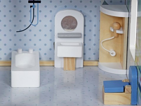 Drewniany błękitny domek dla lalek + mebelki 3 piętra teras ZA5273 Drewniany błękitny domek dla lalek + mebelki 3 piętra teras ZA5273