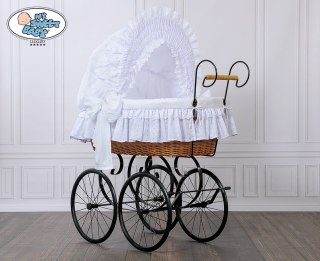 Kosz Mojżesza Retro Charlotte - naturalny + biała haftowana pościel z białą haftowaną koronką