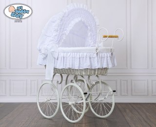 Kosz Mojżesza Retro Charlotte - biały + biała haftowana pościel z białą haftowaną koronką