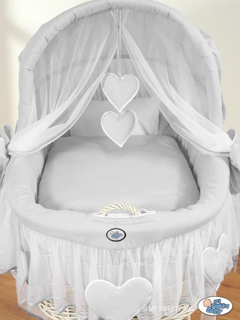 Kosz Mojżesza z budą- Amelie biały + szara pościel