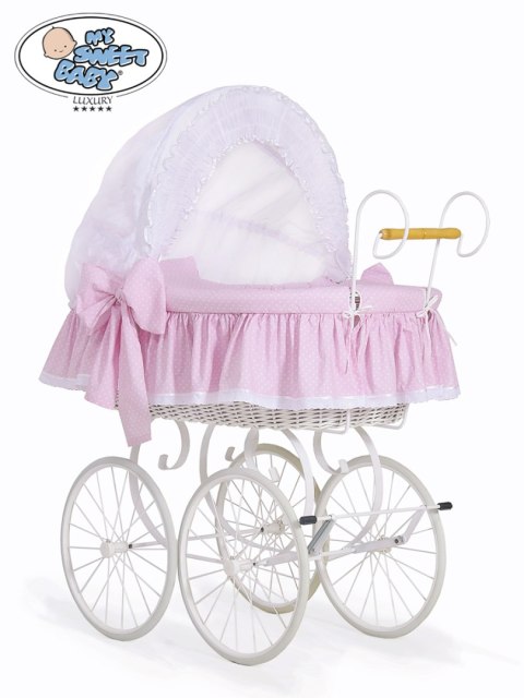Kosz Mojżesza Retro Christine - Biały + biało-różowa pościel z haftowaną koronką Kosz Mojżesza Retro Christine - Biały + biało-różowa pościel z haftowaną koronką