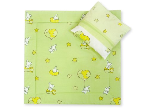 Pościel dla niemowląt z wypełnieniem kołderka i poduszka - Miś z balonikiem zielony