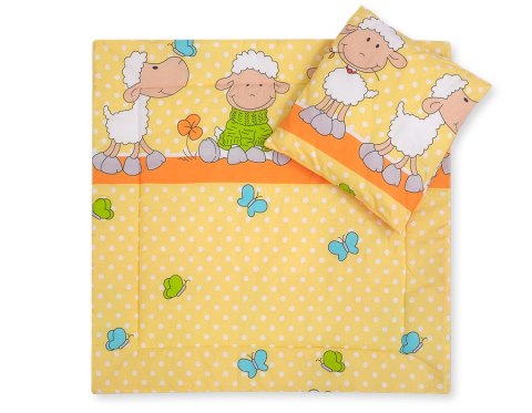 Pościel dla niemowląt z wypełnieniem kołderka i poduszka - Owieczki pomarańczowo-żółte