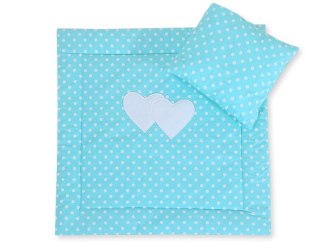 Pościel dla niemowląt z wypełnieniem kołderka i poduszka - Serduszka białe grochy na turkusie