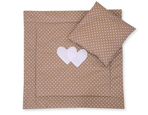 Pościel dla niemowląt z wypełnieniem kołderka i poduszka - Serduszka groszki na brązie