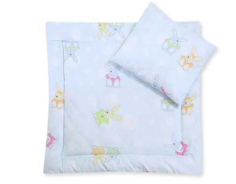 Pościel dla niemowląt z wypełnieniem kołderka i poduszka - Wesołe zające błękitne
