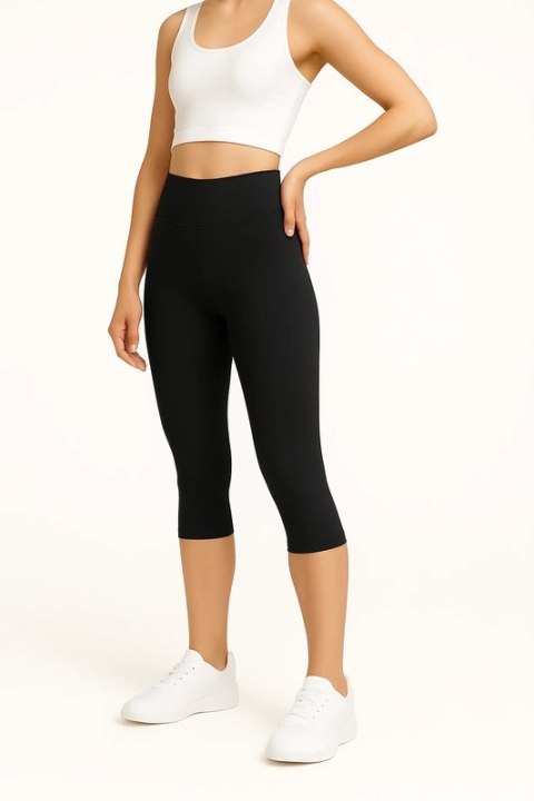Legginsy 3/4 z Wysokim Stanem - Czarne Legginsy 3/4 z Wysokim Stanem - Czarne