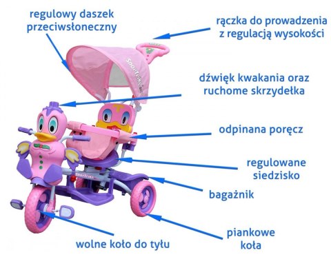 3-kołowy Rowerek dla dzieci Kaczka Fioletowy + Dźwięki + Daszek + Barierka + Podnóżek + Rączka + Schowek 3-kołowy Rowerek dla dzieci Kaczka Fioletowy + Dźwięki + Daszek + Barierka + Podnóżek + Rączka + Schowek
