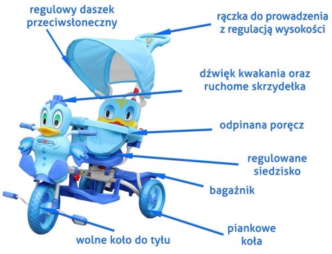 3-kołowy Rowerek dla dzieci Kaczka Niebieski + Dźwięki + Daszek + Barierka + Podnóżek + Rączka + Schowek 3-kołowy Rowerek dla dzieci Kaczka Niebieski + Dźwięki + Daszek + Barierka + Podnóżek + Rączka + Schowek
