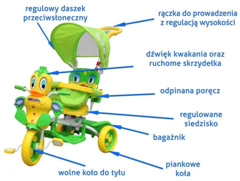 3-kołowy Rowerek dla dzieci Kaczka Zielony + Dźwięki + Daszek + Barierka + Podnóżek + Rączka + Schowek 3-kołowy Rowerek dla dzieci Kaczka Zielony + Dźwięki + Daszek + Barierka + Podnóżek + Rączka + Schowek