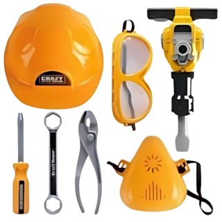 WOOPIE Zestaw Narzędzi Małego Majsterkowicza Gogle Kask Młot Pneumatyczny 21el.