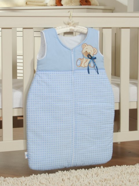 Śpiworek dla dzieci bawełniany M 6-12 mcy TOG 2.5 całoroczny ocieplany Miś z kokardką niebieski