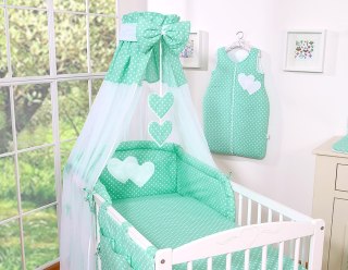 Pościel 5-cz Serduszka białe grochy na mięcie