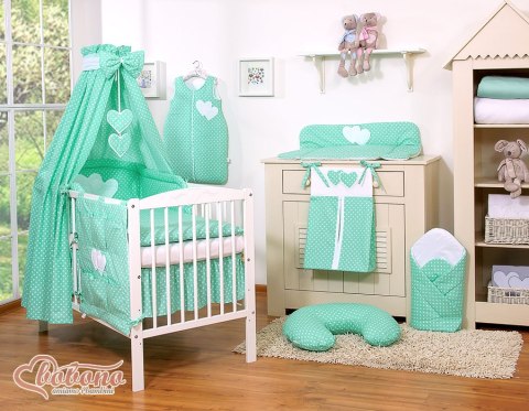 Pościel 5-cz Serduszka białe grochy na mięcie