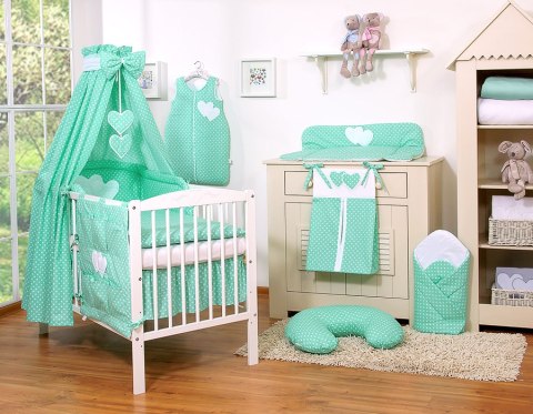 Pościel 5-cz Serduszka białe grochy na mięcie