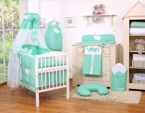 Pościel 5-cz Serduszka białe grochy na mięcie