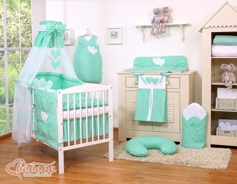 Pościel 5-cz Serduszka białe grochy na mięcie