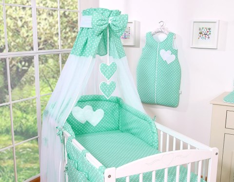Pościel 5-cz Serduszka białe grochy na mięcie