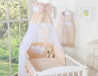 Pościel 5-cz z baldachimem- Wiszące Serduszka białe grochy na beżu