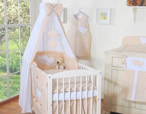 Pościel 5-cz z baldachimem- Wiszące Serduszka białe grochy na beżu