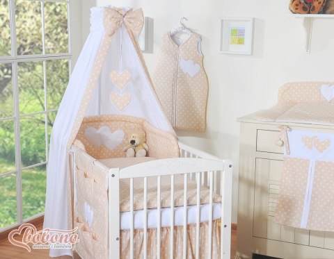 Pościel 5-cz z baldachimem- Wiszące Serduszka białe grochy na beżu