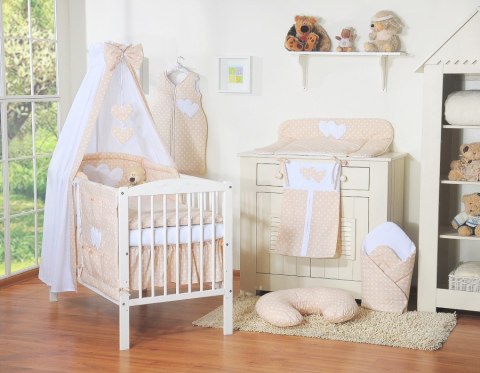 Pościel 5-cz z baldachimem- Wiszące Serduszka białe grochy na beżu