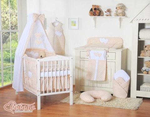 Pościel 5-cz z baldachimem- Wiszące Serduszka białe grochy na beżu