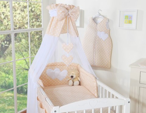 Pościel 5-cz z baldachimem- Wiszące Serduszka białe grochy na beżu