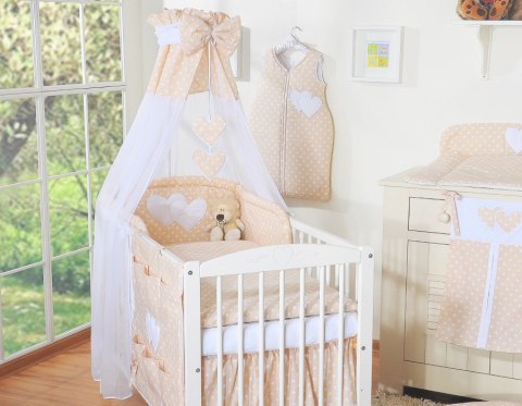 Pościel 5-cz z baldachimem- Wiszące Serduszka białe grochy na beżu