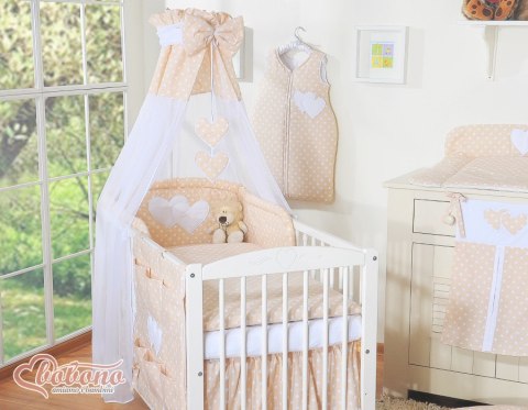 Pościel 5-cz z baldachimem- Wiszące Serduszka białe grochy na beżu