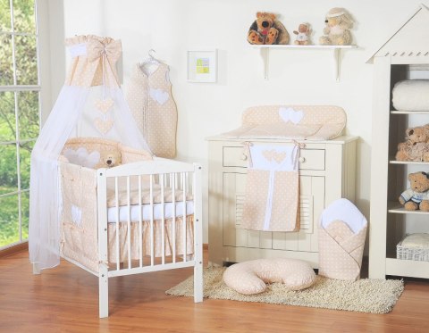 Pościel 5-cz z baldachimem- Wiszące Serduszka białe grochy na beżu