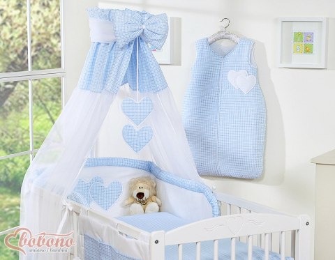 Pościel 5-cz z baldachimem- Wiszące Serduszka kratka niebieska