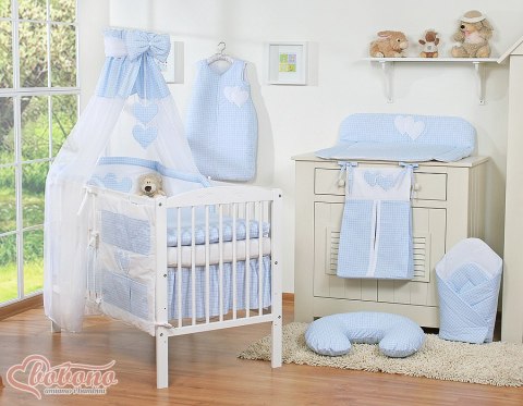 Pościel 5-cz z baldachimem- Wiszące Serduszka kratka niebieska