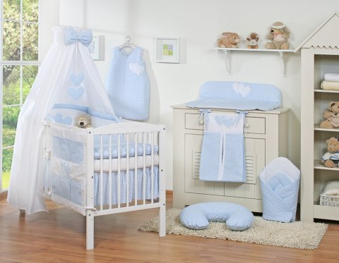 Pościel 5-cz z baldachimem- Wiszące Serduszka kratka niebieska