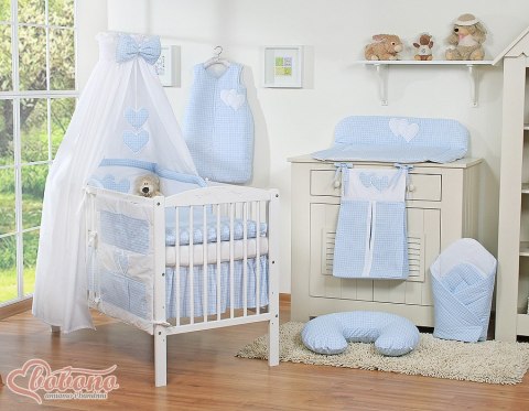 Pościel 5-cz z baldachimem- Wiszące Serduszka kratka niebieska