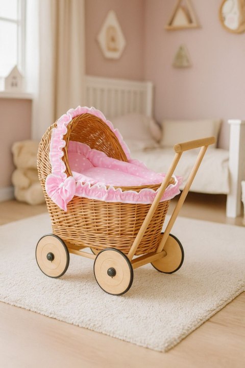 Wiklinowy wózek dla lalek pchacz z różową pościelką i miękką wyściółką- naturalny