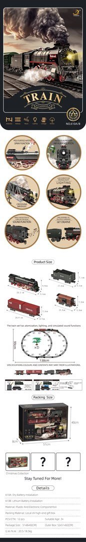 Kolejka Retro z Funkcją Świateł, Dźwięku i Dymu 138cm Kolejka Retro z Funkcją Świateł, Dźwięku i Dymu 138cm