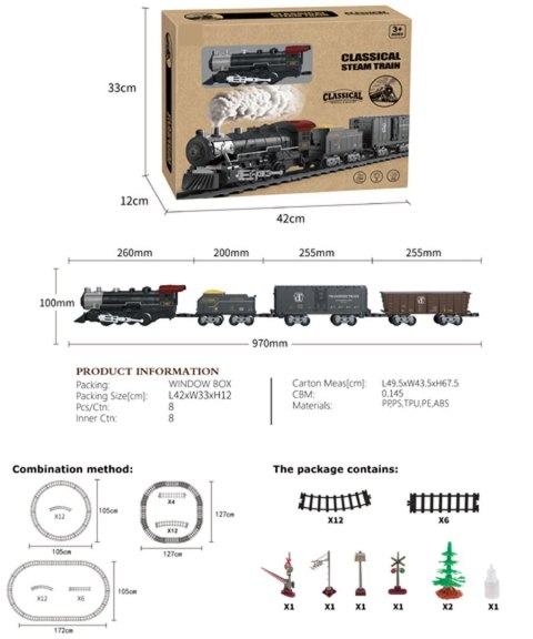 Kolejka Retro z Funkcją Świateł, Dźwięku i Dymu 172cm Kolejka Retro z Funkcją Świateł, Dźwięku i Dymu 172cm