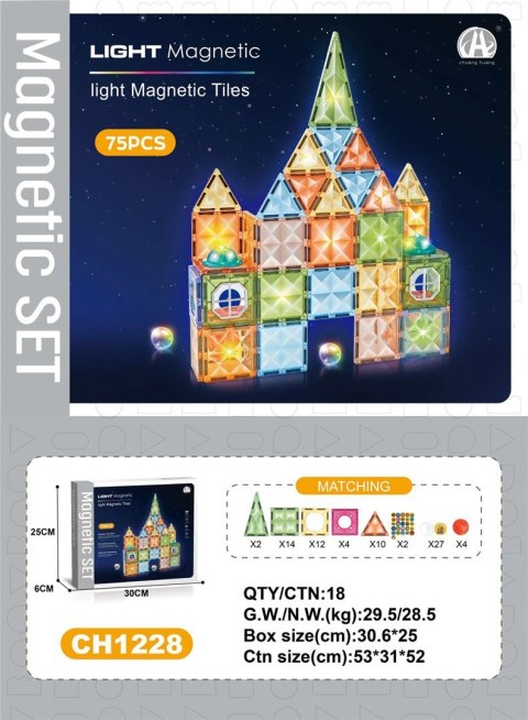 Zestaw Klocków Magnetycznych 3D z Podświetleniem 75el. Zestaw Klocków Magnetycznych 3D z Podświetleniem 75el.